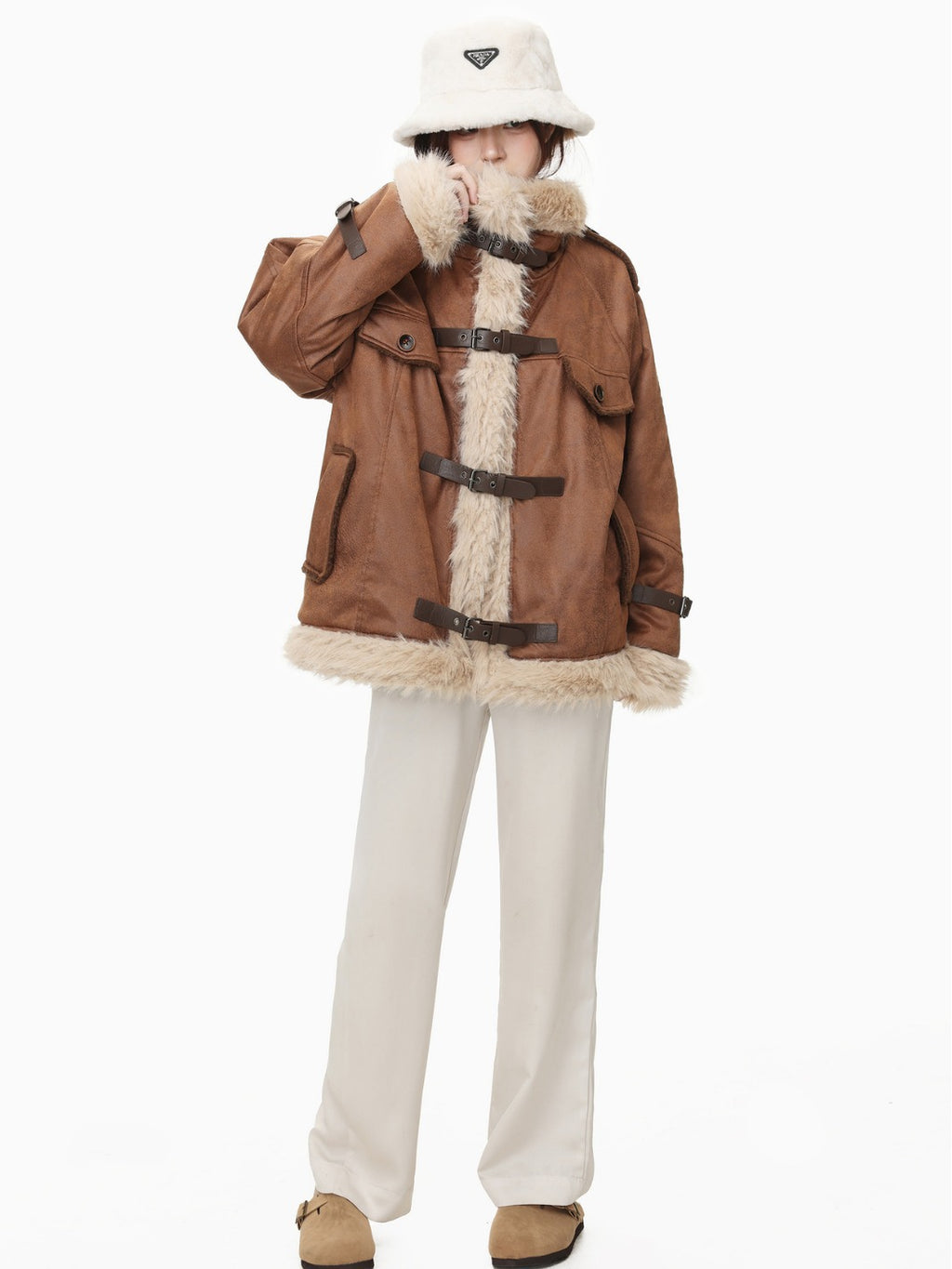 Women's black shearling coat – faux leather winter outerwear with wool lining