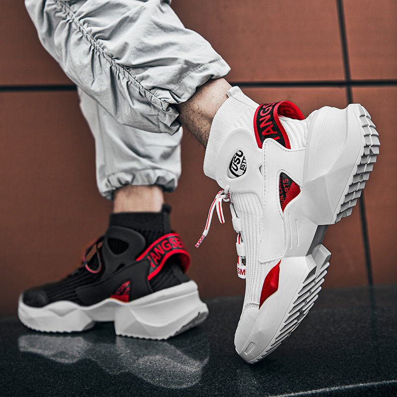 Men’s Streetwear Sock Sneakers – White & Red High - Tops - CasualFlowshop