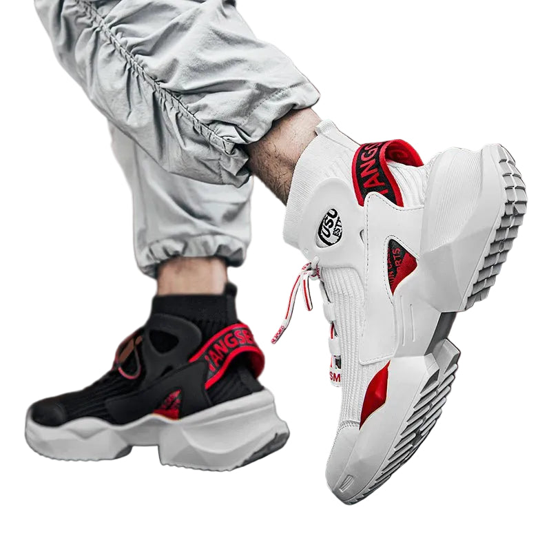 Men’s Streetwear Sock Sneakers – White & Red High - Tops - CasualFlowshop