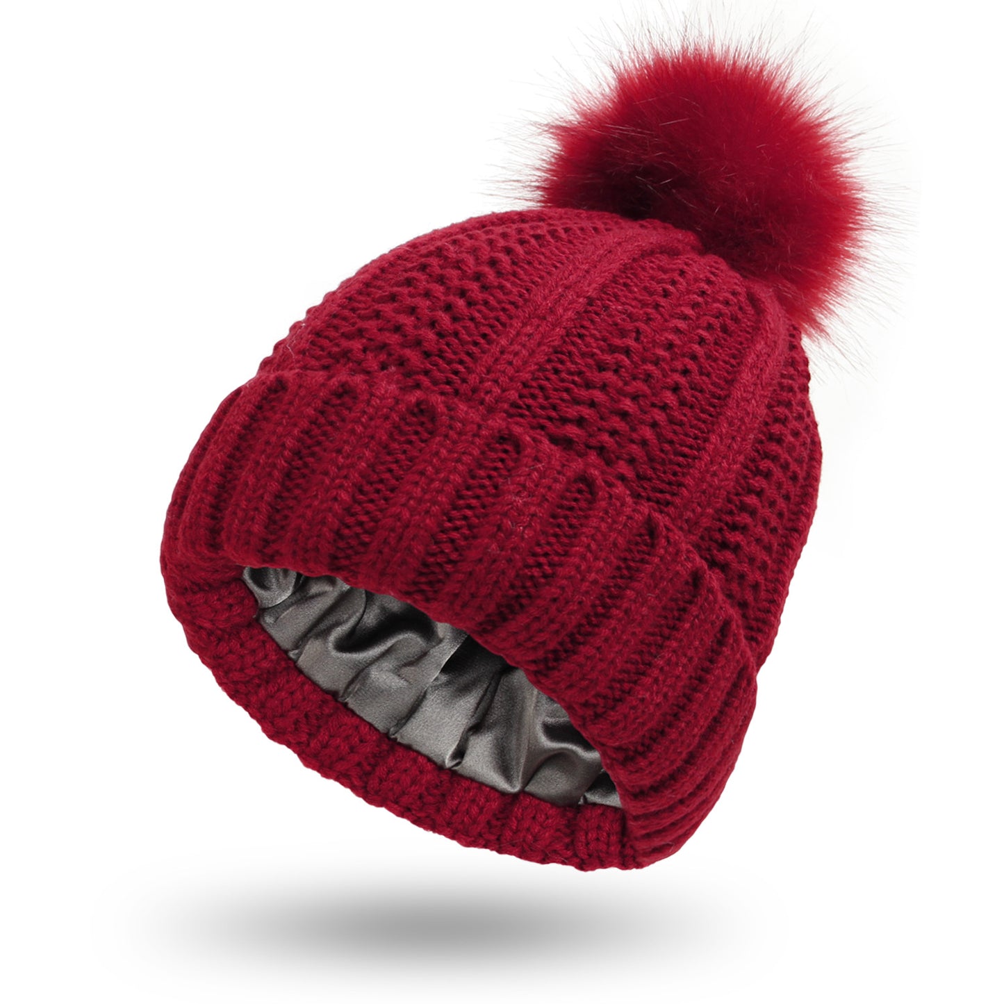 Ensure all product images have descriptive alt text, such as "Women's satin-lined knit beanie with faux fur pom