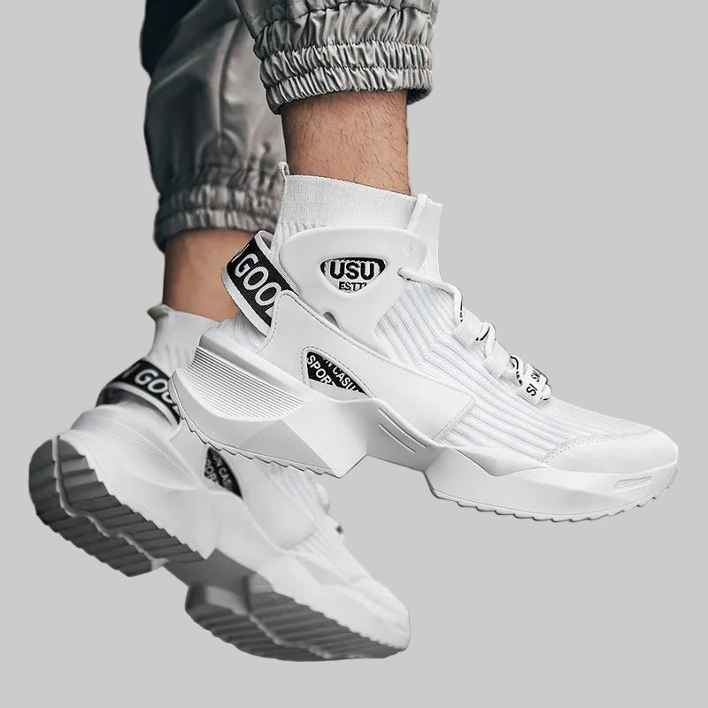 Men’s Streetwear Sock Sneakers – White & Red High - Tops - CasualFlowshop