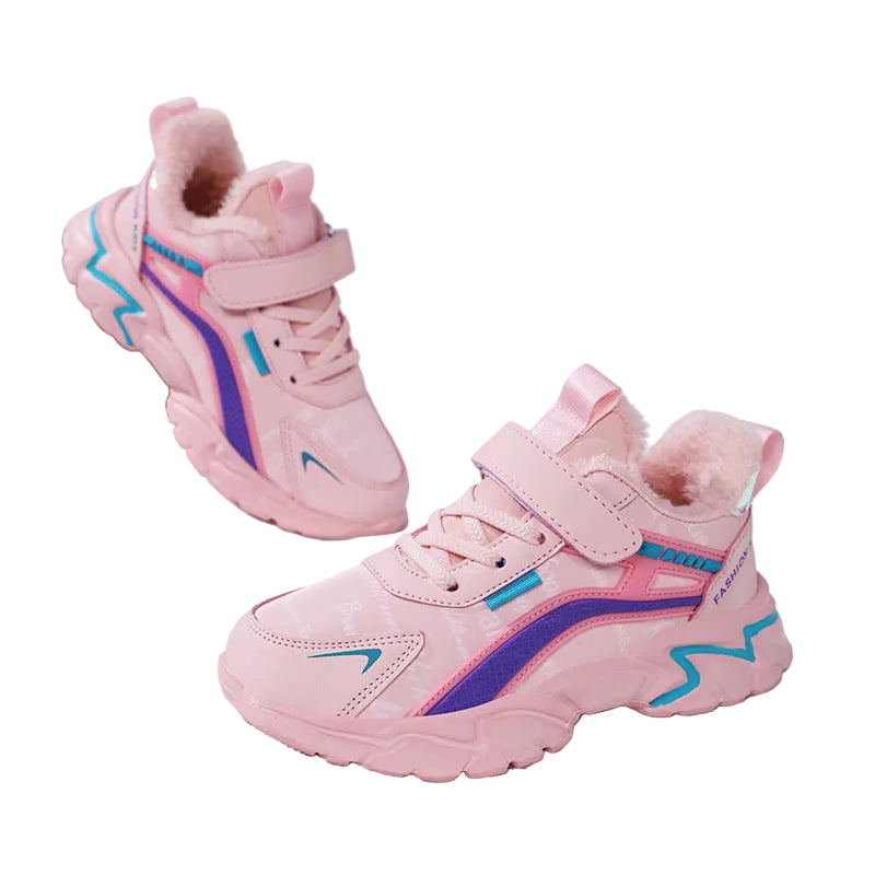 Pink children's sneakers with blue accents on a white background