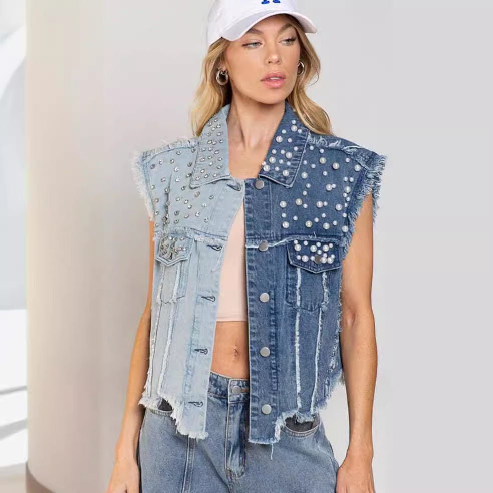 Splicing Beads Loose Women's Short Denim Vest - CasualFlowshop