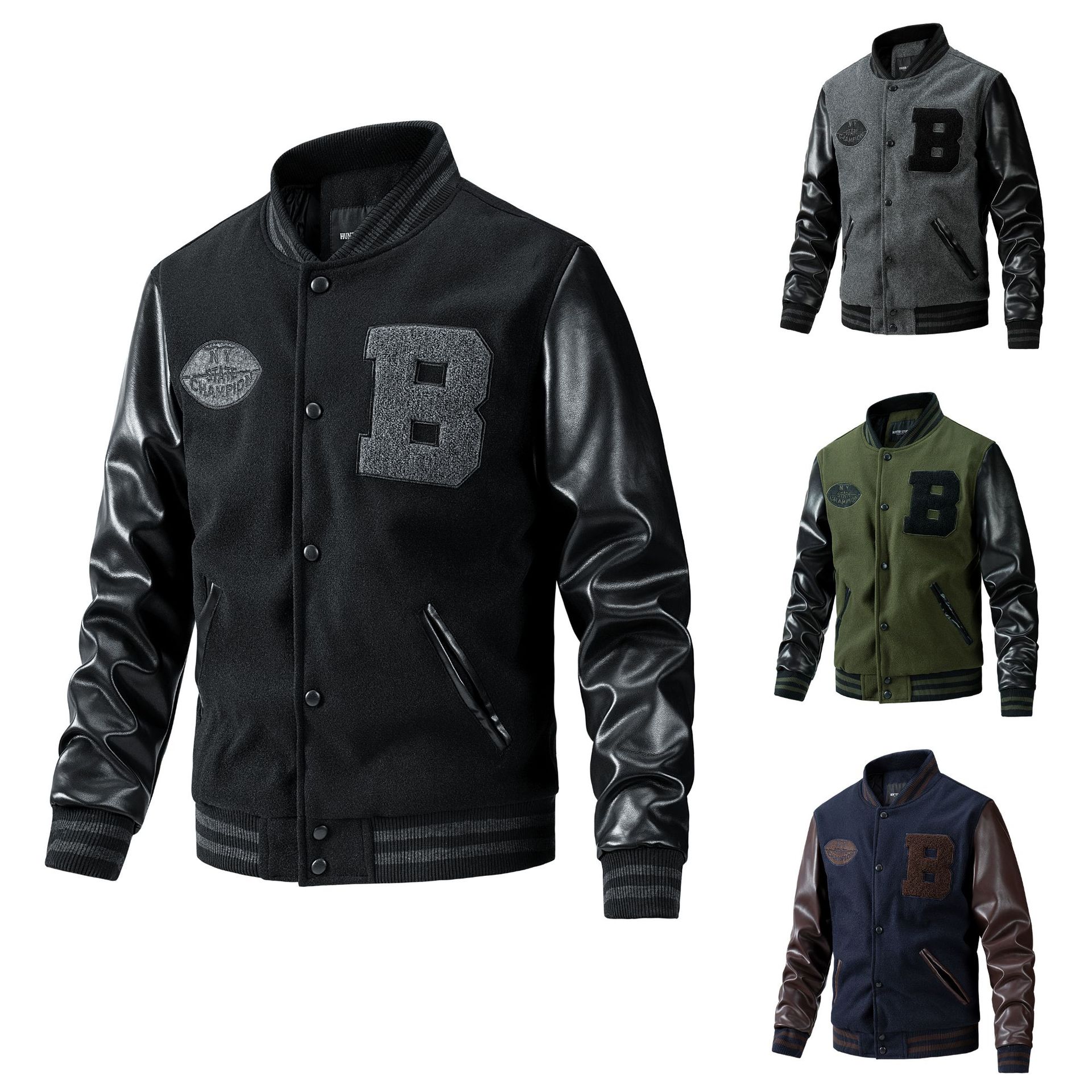 Four varsity jackets in different colors with a prominent letter 'B' on a white background.