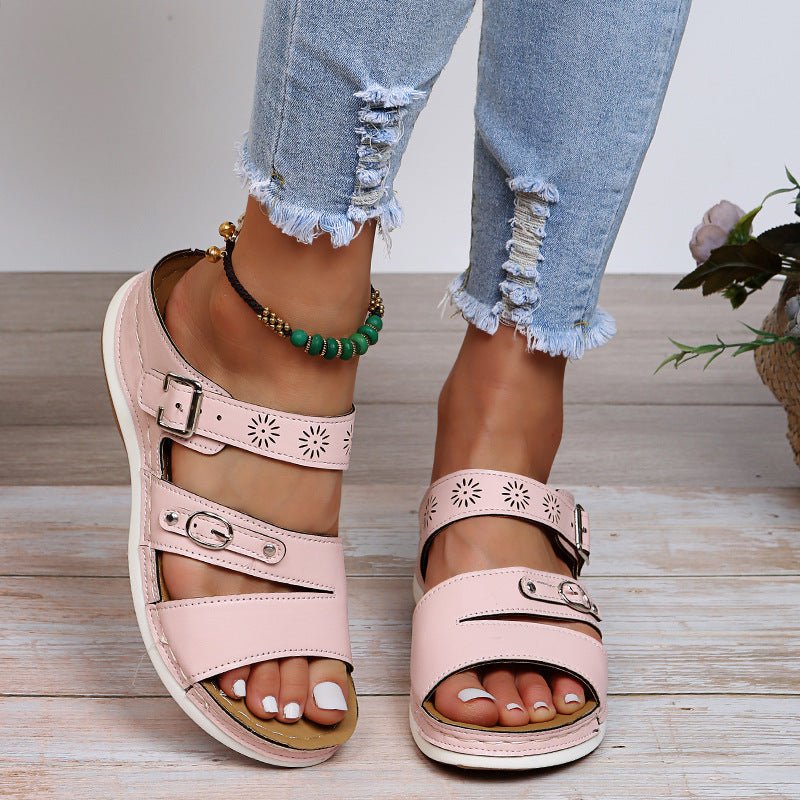 Fashion Wedge Ladies Casual Sandals with hollow-out design and PU upper.