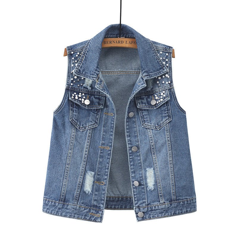 Women's Beaded Loose Denim Vest - CasualFlowshop