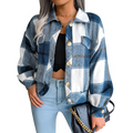 Women's Slim Wool Plaid Coat  blue and white checkered shirt with a black top and jeans.