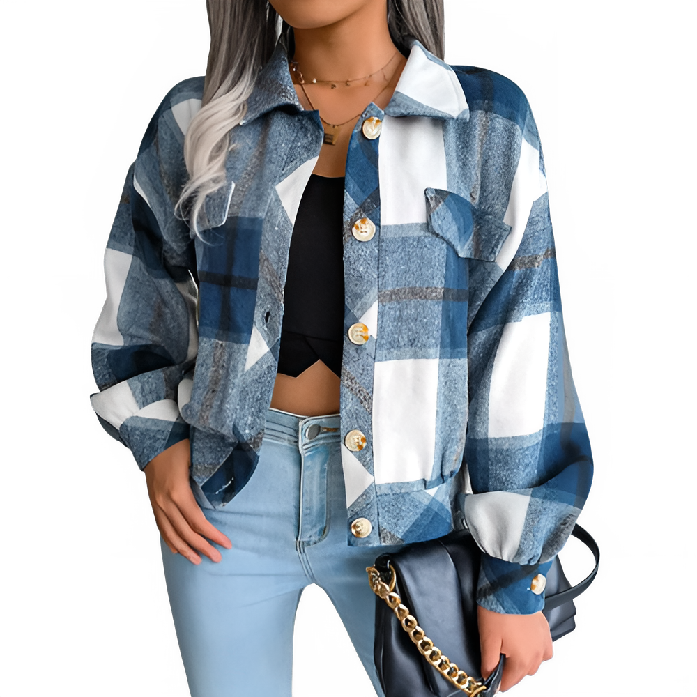 Women's Slim Wool Plaid Coat  blue and white checkered shirt with a black top and jeans.