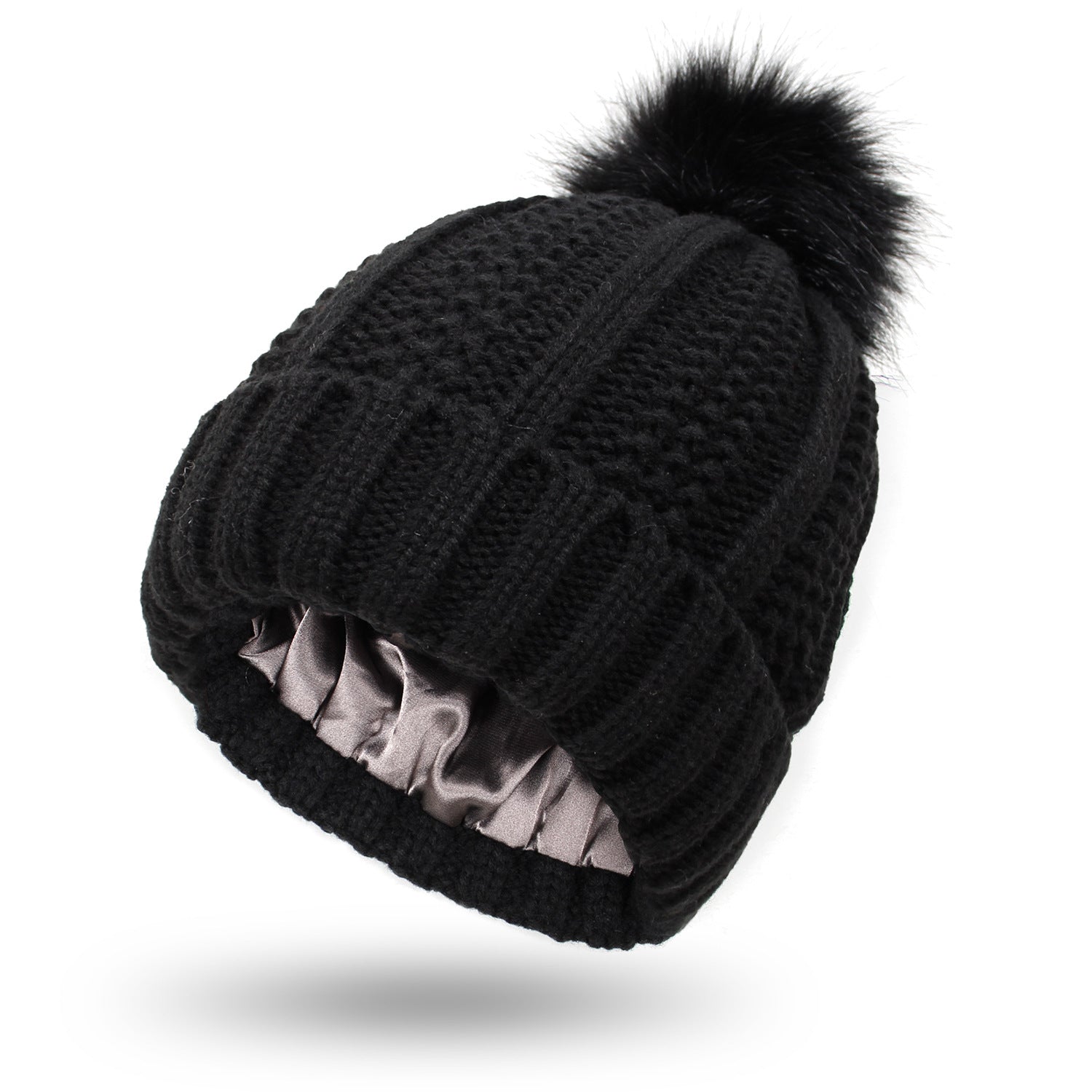 Ensure all product images have descriptive alt text, such as "Women's satin-lined knit beanie with faux fur pom