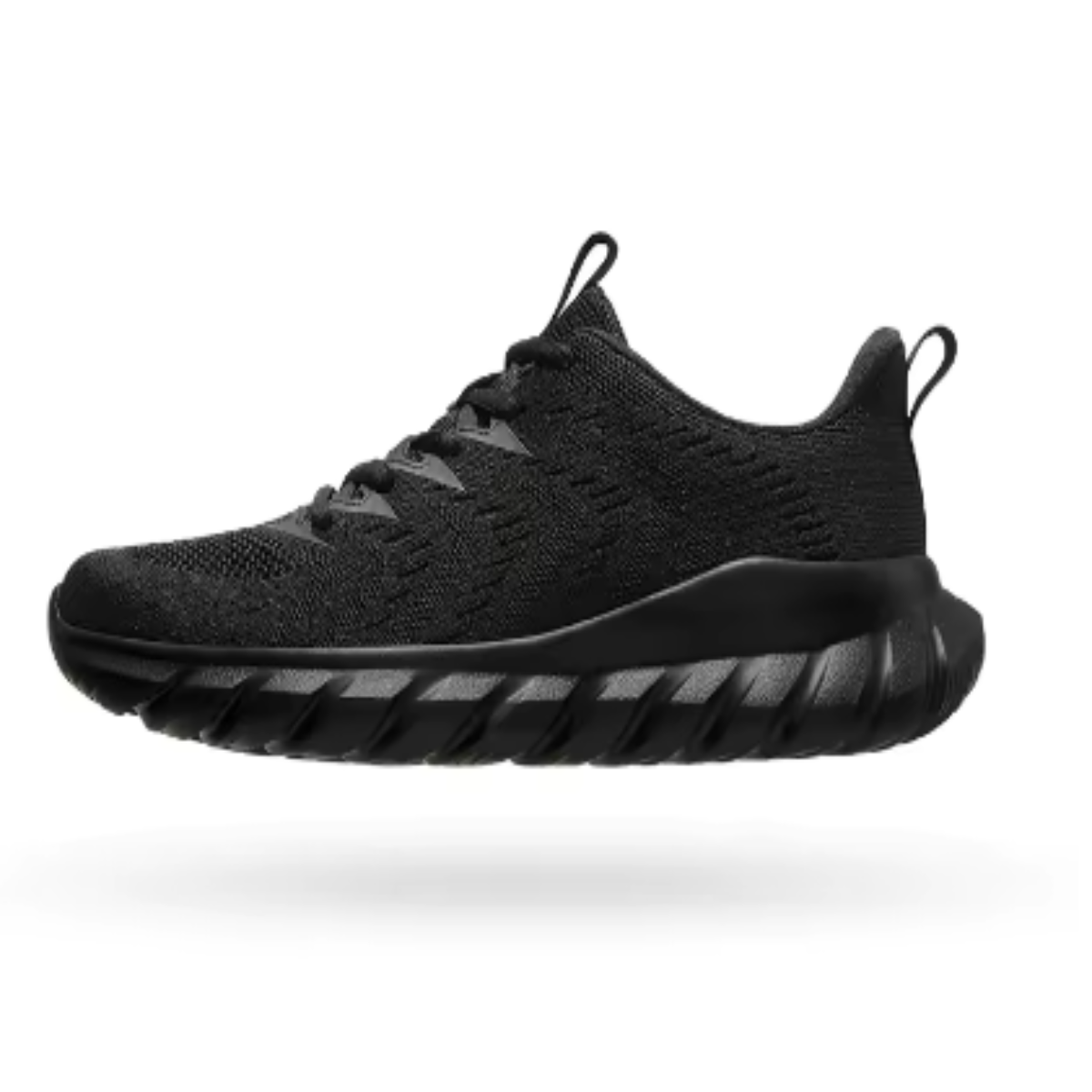 Black blade sole sneakers breathable athletic running shoes outsole view