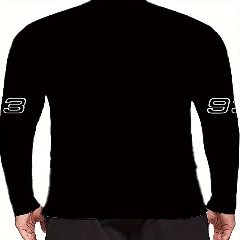 Black long-sleeve shirt with numbers on sleeves against a white background