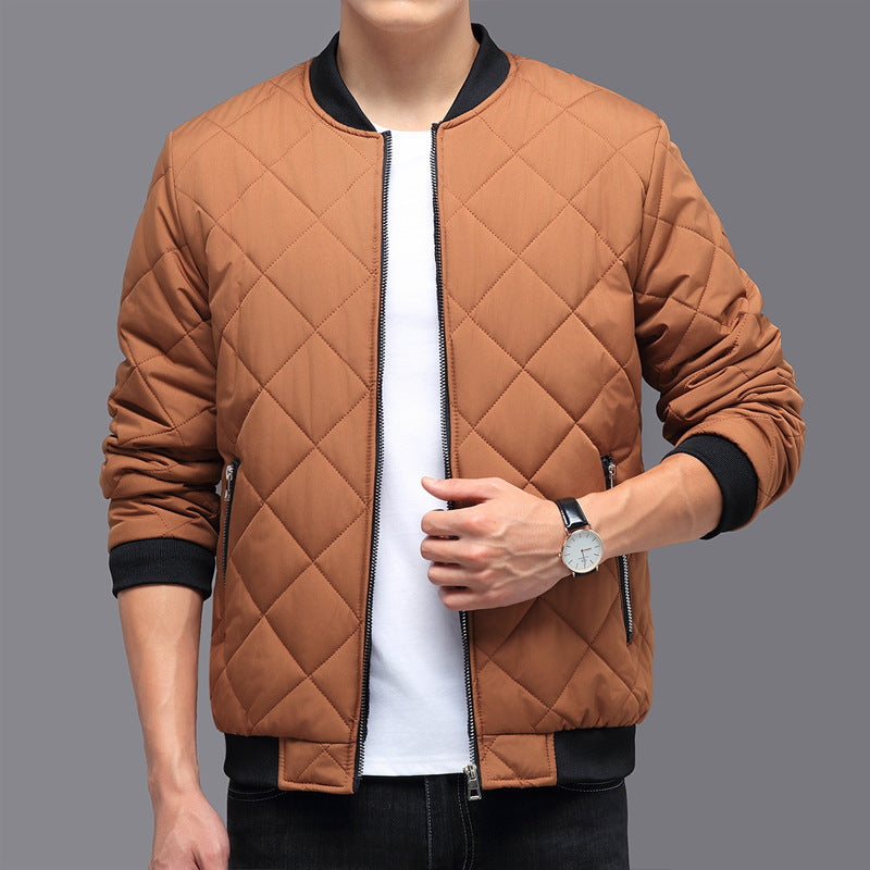 Brown Men’s Quilted Cotton Winter Jacket worn by a person on a gray background