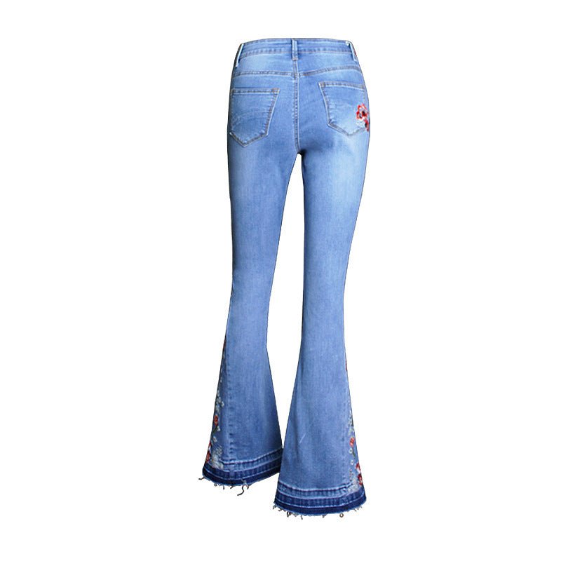 Women's Embroidered Denim Flared Pants – Light Wash, Wide Leg, Mid Waist - CasualFlowshop