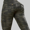 Camouflage cargo pants with visible buttons on a neutral background