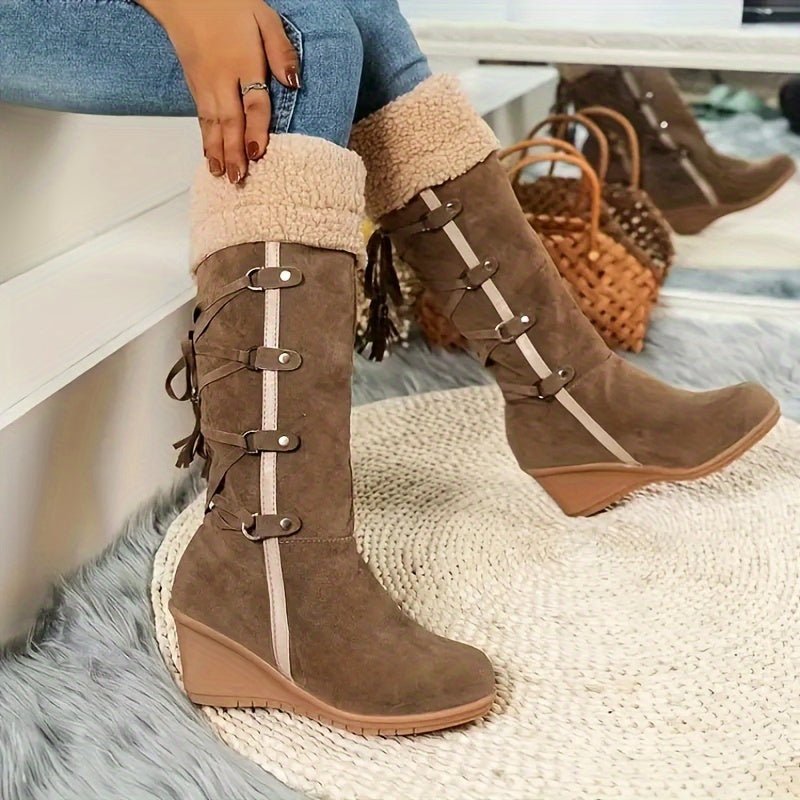 CAMEL Women's Faux Fur Lined Winter Snow Boots With Button, Non -  Knee High Boots, Fashion Outdoor Booties - CasualFlowshop