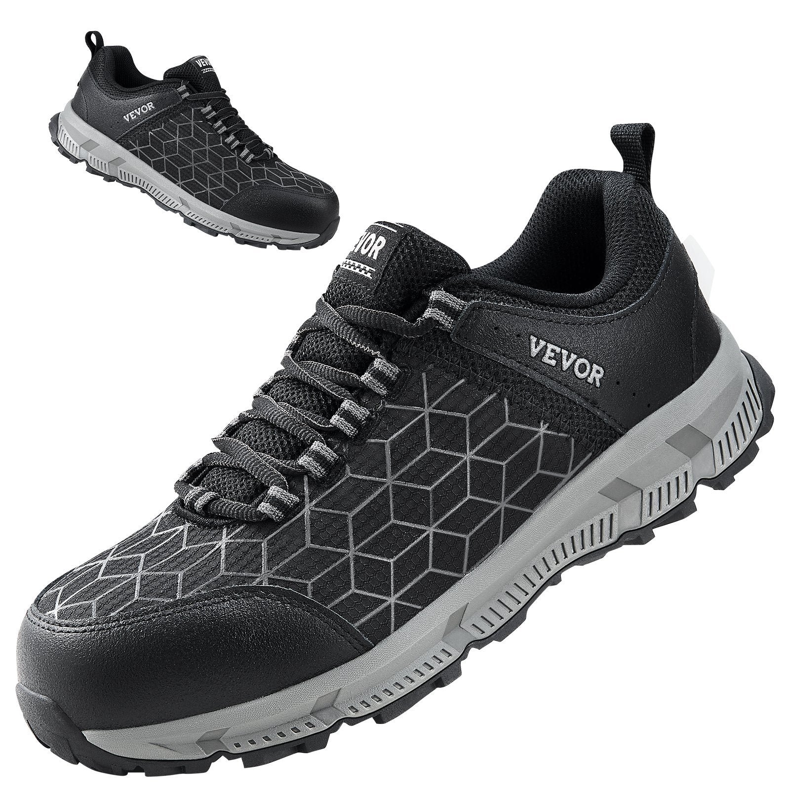 comfortable black work sneakers with steel toe and cushioned sole