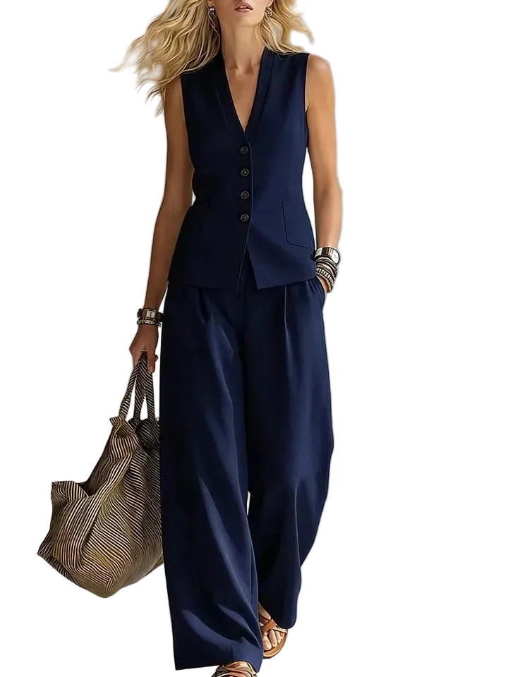 V-Neck Vest and Loose Trousers Set  For Woman  - At Casual Flow Shop