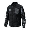 Black varsity jacket with leather sleeves and letter 'B' on a white background