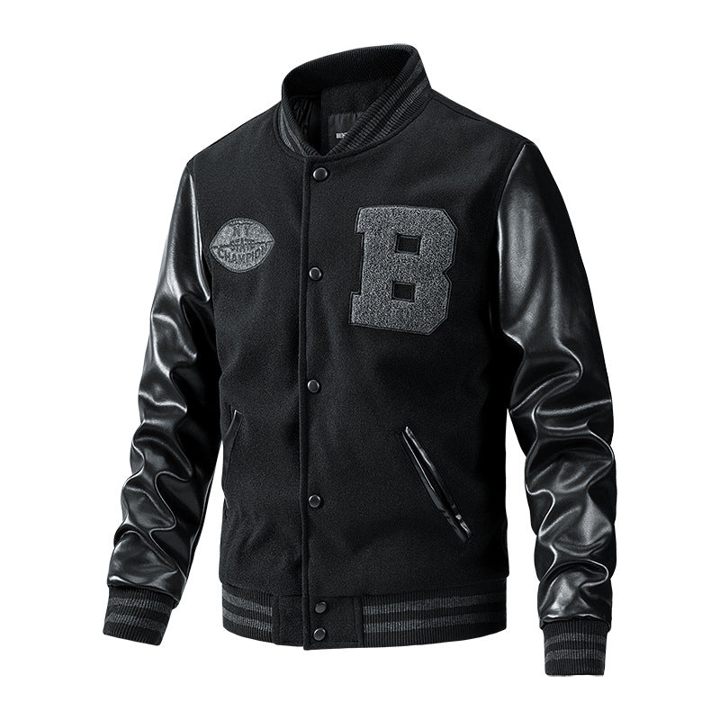 Black varsity jacket with leather sleeves and letter 'B' on a white background