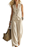 V-Neck Vest and Loose Trousers Set  For Woman  - At Casual Flow Shop