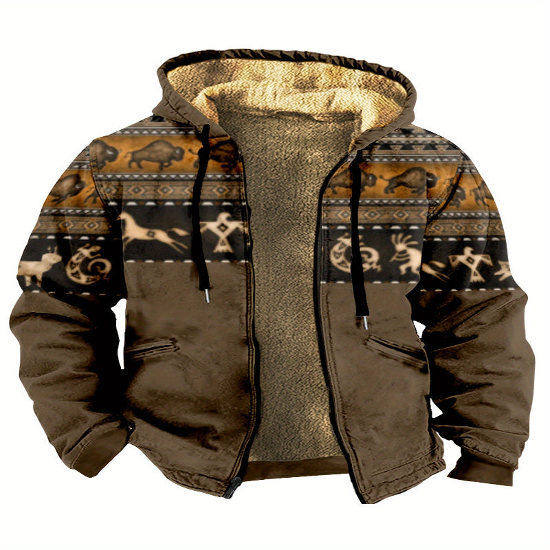 Brown hoodie with patterned hood and fleece lining on a white background