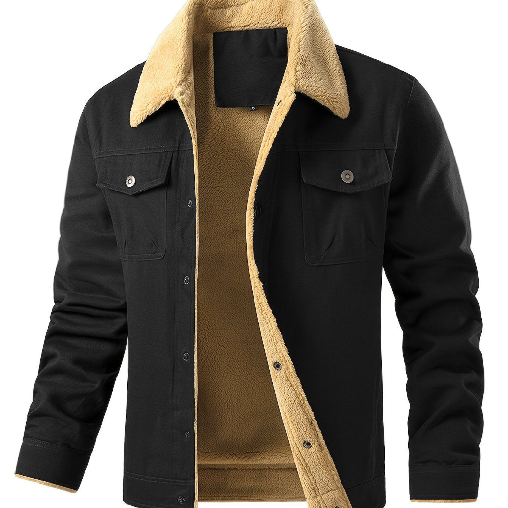 Men’s color block fleece-lined winter jacket with hood, black outer shell and warm beige lining