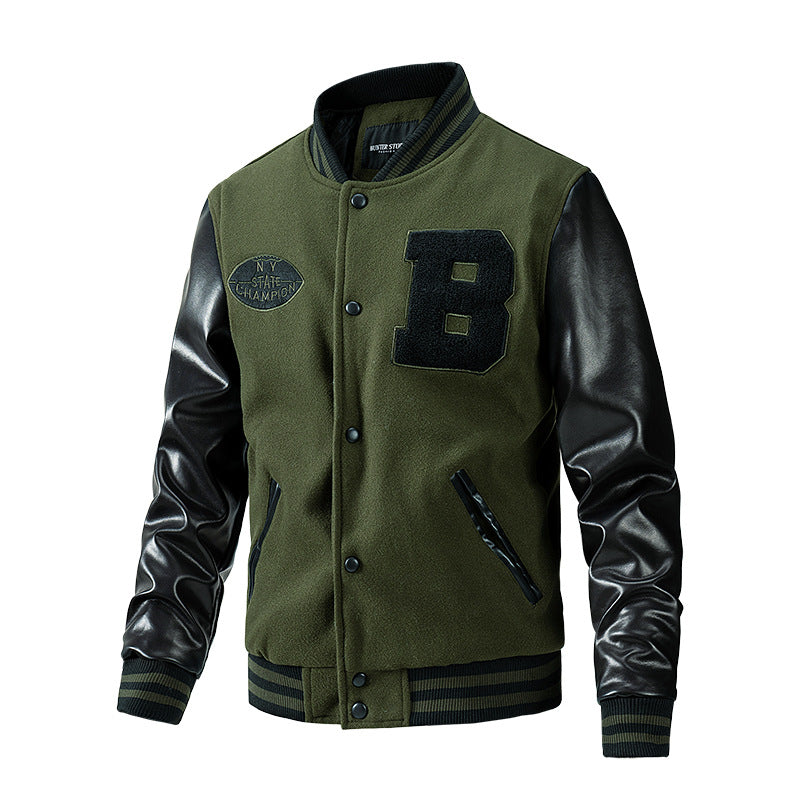 Green varsity jacket with black leather sleeves on a white background