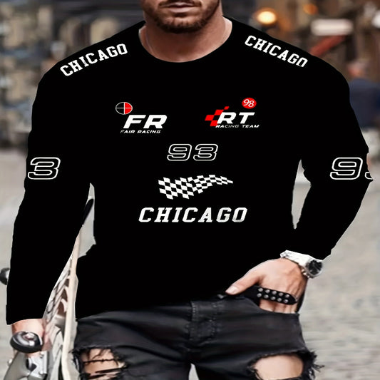 Person wearing a black long-sleeve shirt with racing-themed graphics and text.