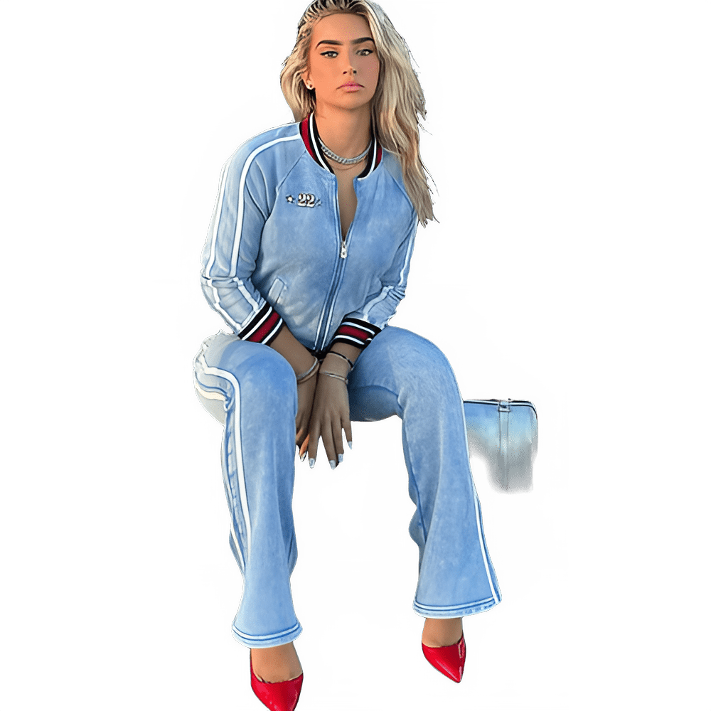 women zip-up tracksuit set blue