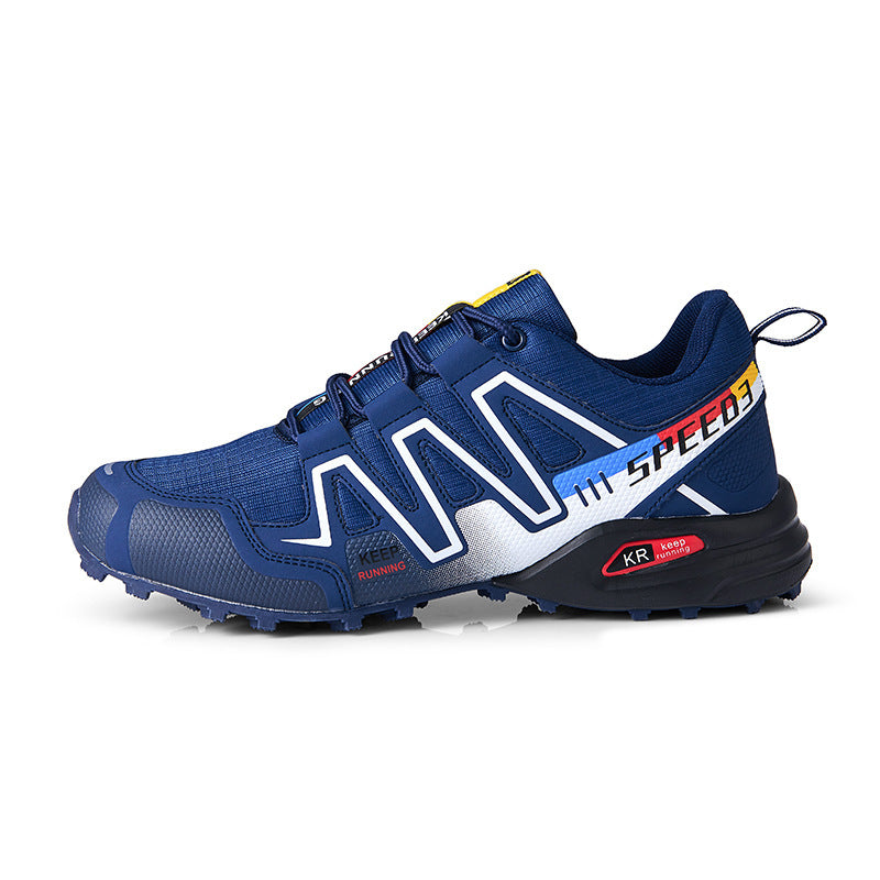 Blue running shoe with brand logo on a white background