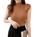 woman wearing ribbed high neck sleeveless tank top brown slim fit