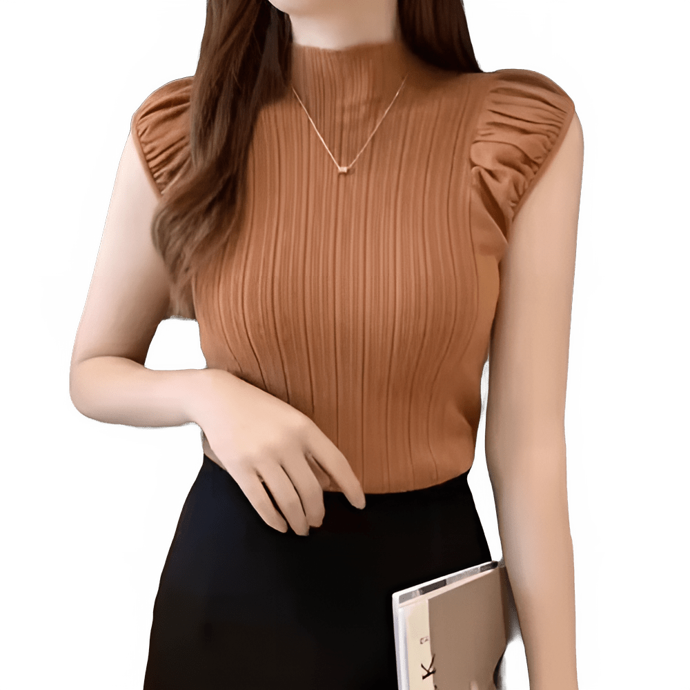 woman wearing ribbed high neck sleeveless tank top brown slim fit