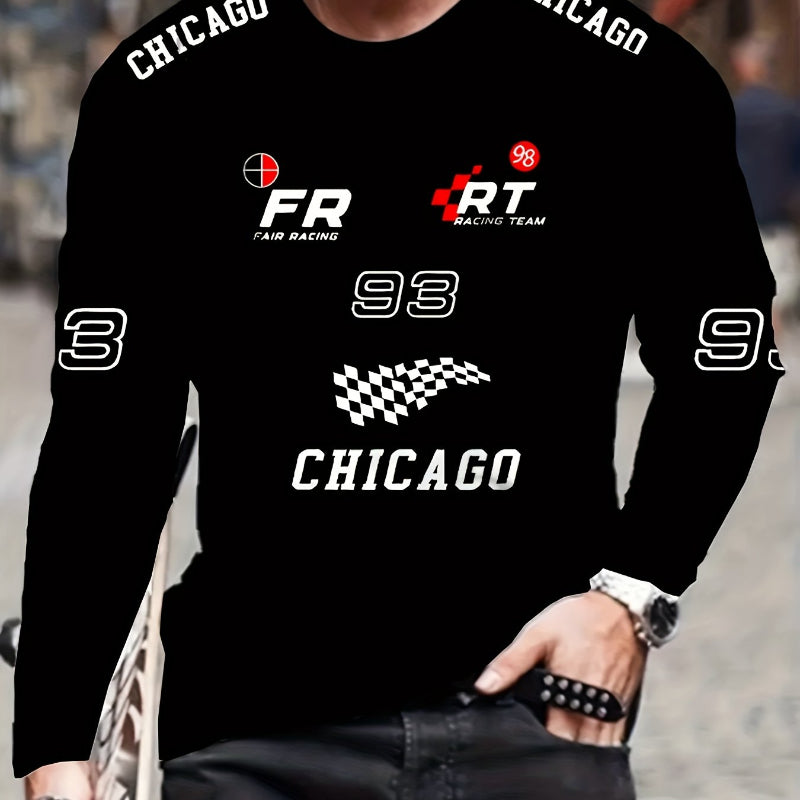 Black long-sleeve shirt with racing-themed designs and text on a blurred background