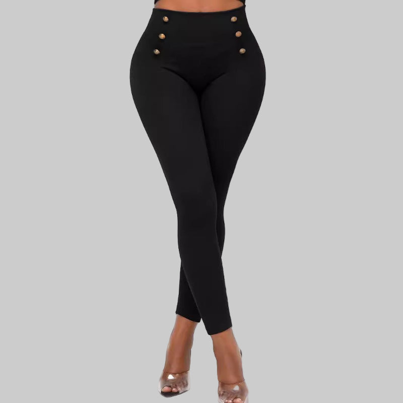 Black High Waisted Pants for Women with button details on a white background