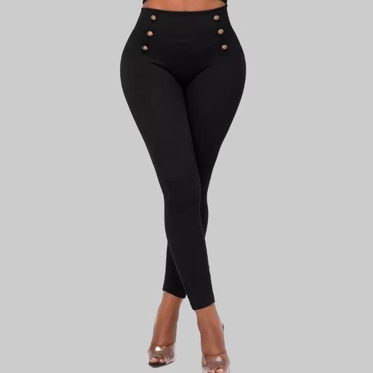 Black High Waisted Pants for Women with button details on a white background