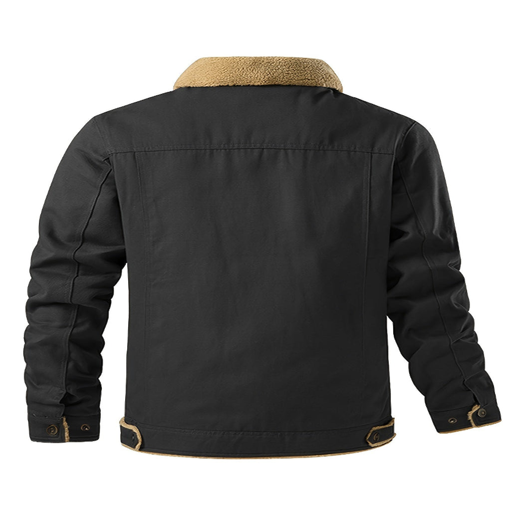 Men’s color block fleece-lined winter jacket with hood, black outer shell and warm beige lining