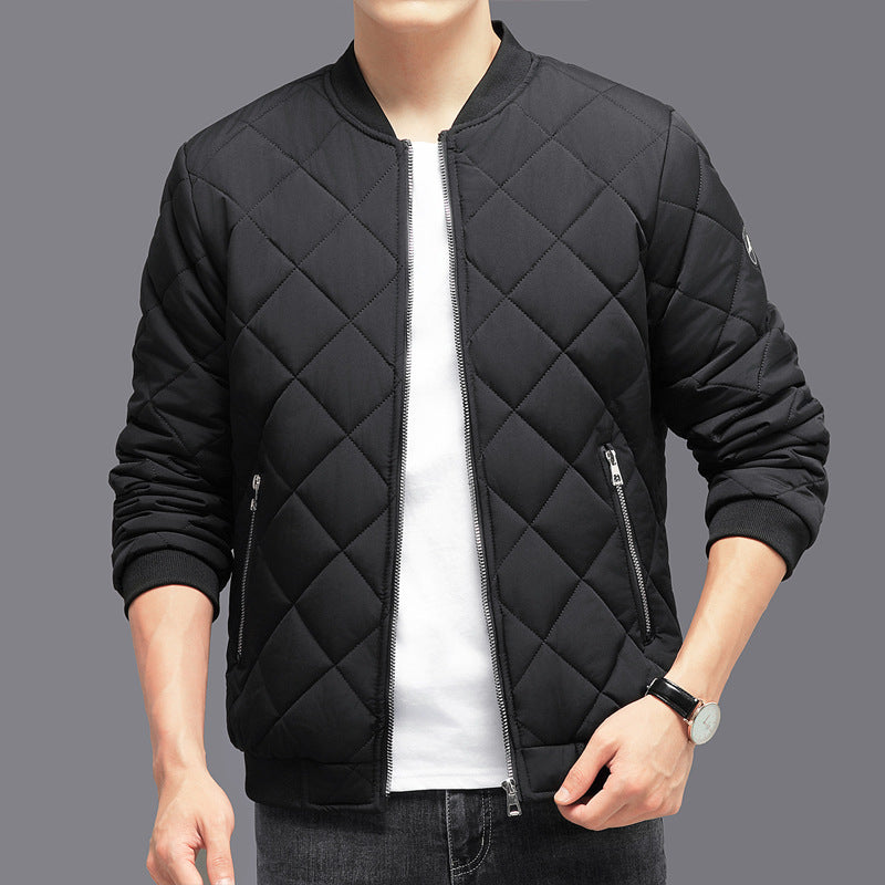 Black Men’s Quilted Cotton Winter Jacket worn by a person on a gray background