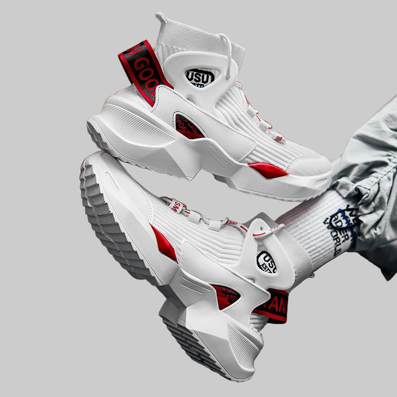 Men’s Streetwear Sock Sneakers – White & Red High - Tops - CasualFlowshop