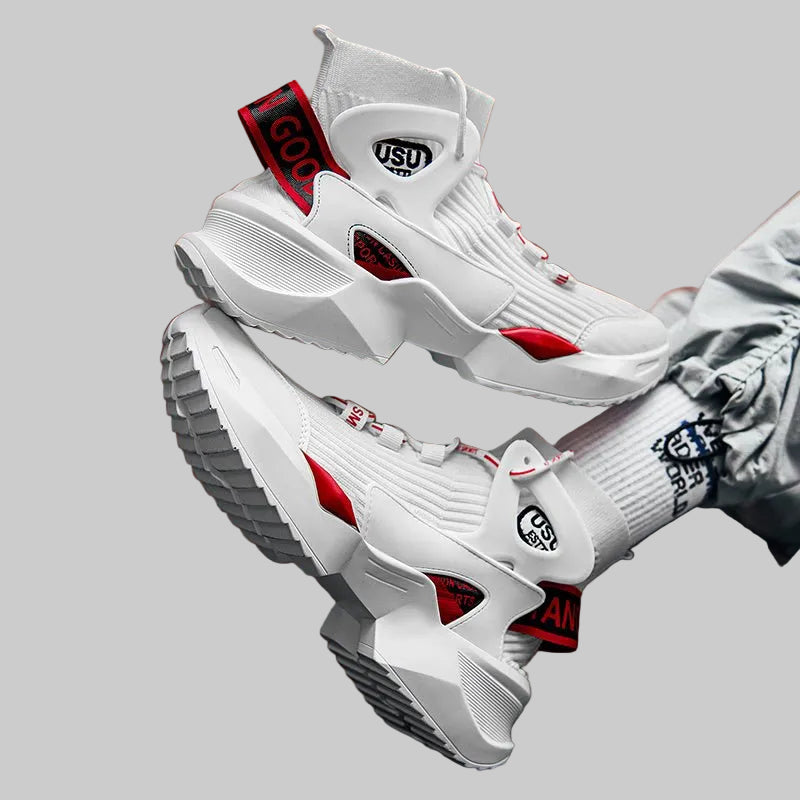 Men’s Streetwear Sock Sneakers – White & Red High - Tops - CasualFlowshop