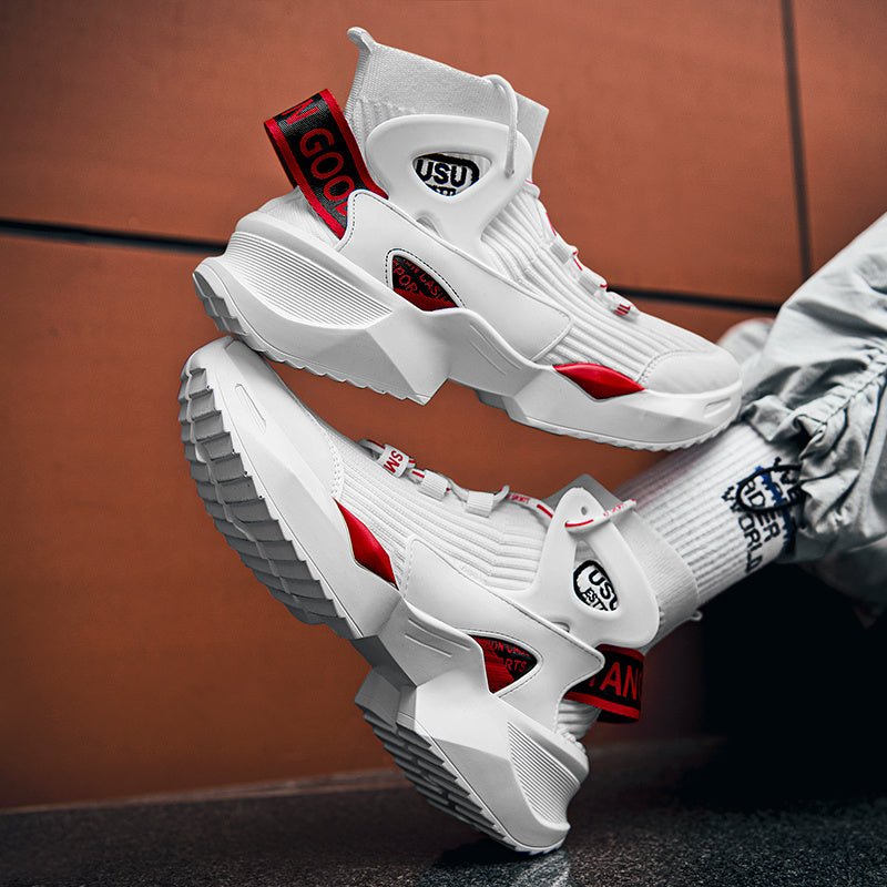 Men’s Streetwear Sock Sneakers – White & Red High - Tops - CasualFlowshop