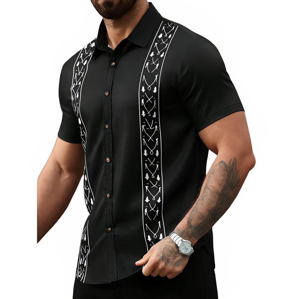 Black short-sleeve guayabera shirt with white embroidery on a white background