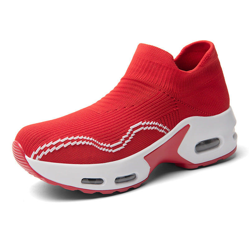 Women's Mesh Sock Sneakers Red  with white sole on a white -At Casual Flow Shop
