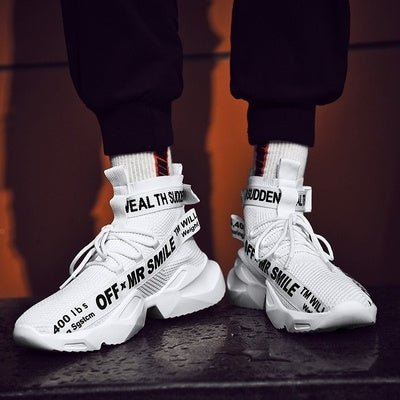 Men’s Streetwear Sock Sneakers – White & Red High - Tops - CasualFlowshop