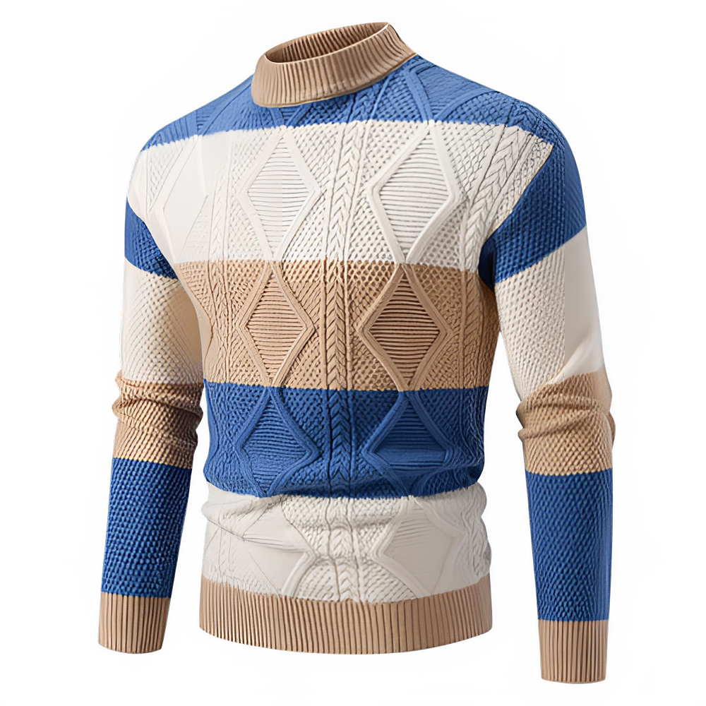 Men's blue, beige and white patchwork cable knit mock neck sweater