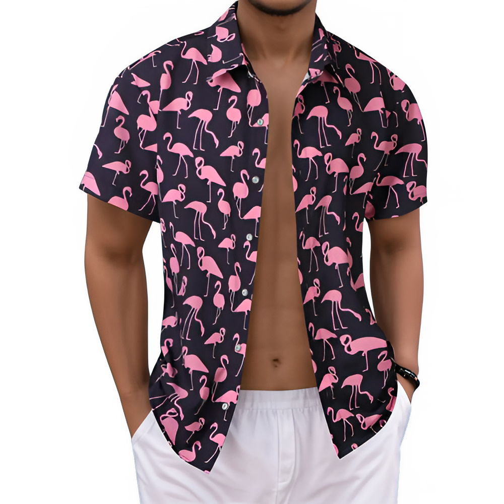Men’s flamingo print short sleeve button-up shirt, lightweight casual summer shirt