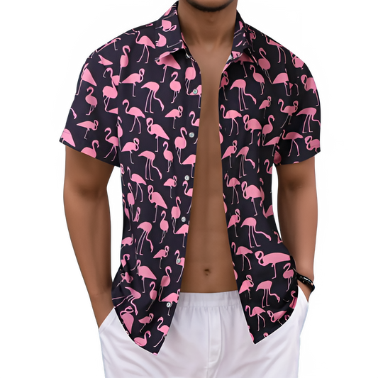 Men’s flamingo print short sleeve button-up shirt, lightweight casual summer shirt