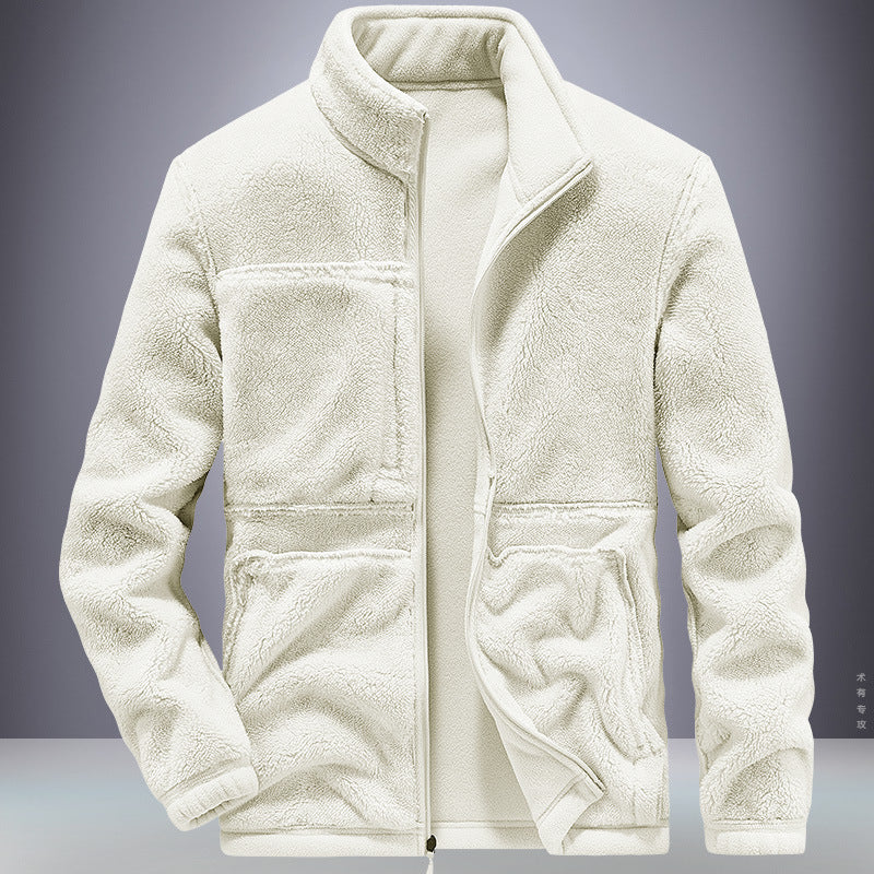 Beige fleece jacket on a gray background