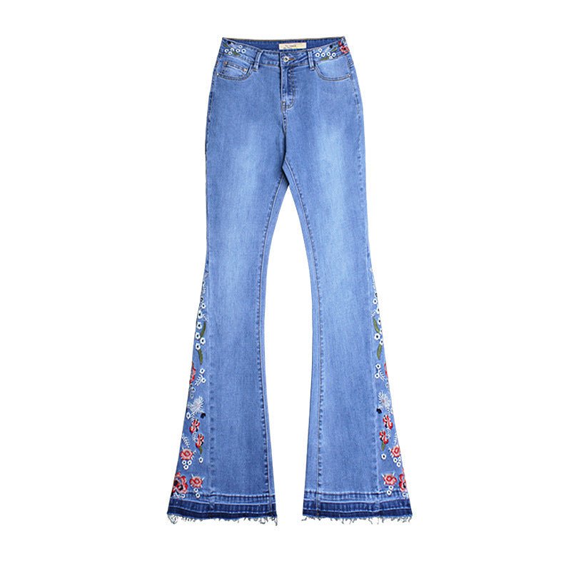 Women's Embroidered Denim Flared Pants – Light Wash, Wide Leg, Mid Waist - CasualFlowshop