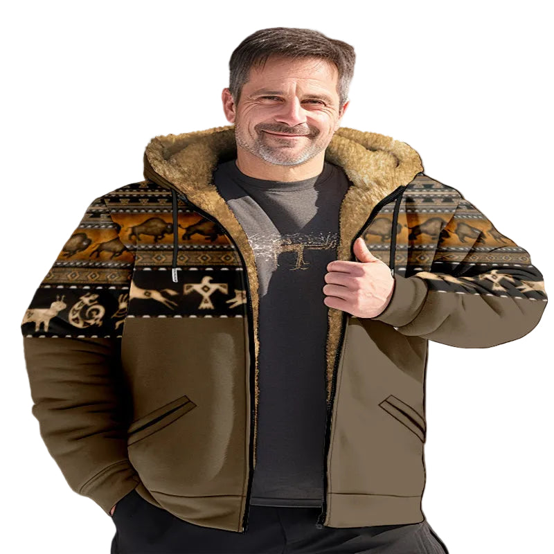 Man wearing a patterned jacket with a gray background