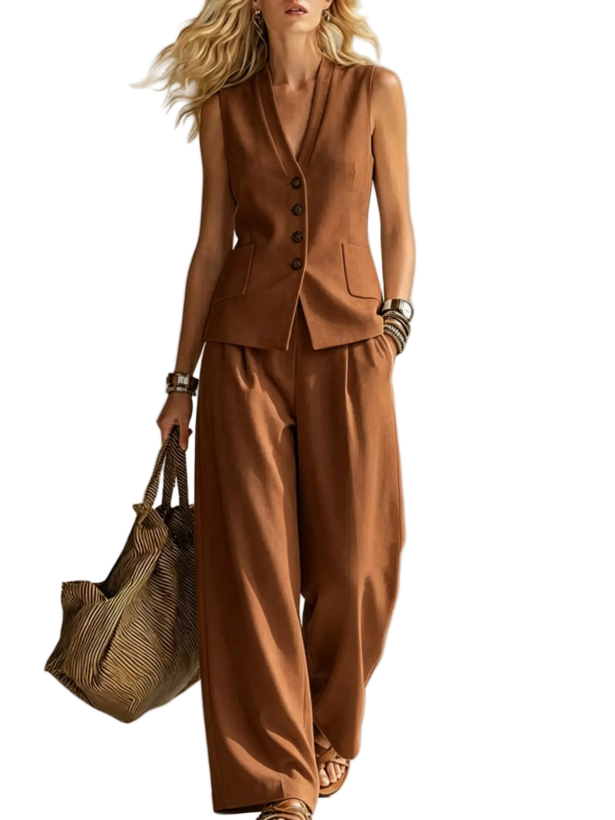 V-Neck Vest and Loose Trousers Set  For Woman  - At Casual Flow Shop